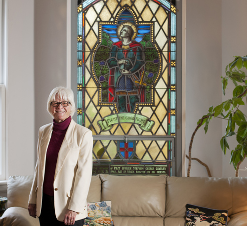 The stained-glass window in Judy Nasby’s home was first a public memorial to her uncle Stephen Goatley’s service during the Second World War and is now a personal memorial to a lost family member.  Photo by Dean Palmer