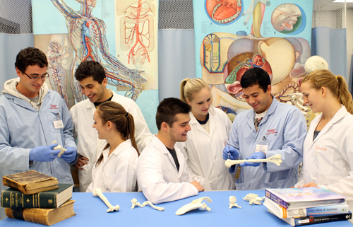 Photographed in U of G’s human anatomy lab are, from left: PhD candidate Sean McWatt; third-year students Gevorg Charchoghlyan, Kara Chatfield, Nicholas Hardcastle and Emma Conron; PhD candidate William Albabish; and third-year student Megan Hamilton. Photo by William Albabish